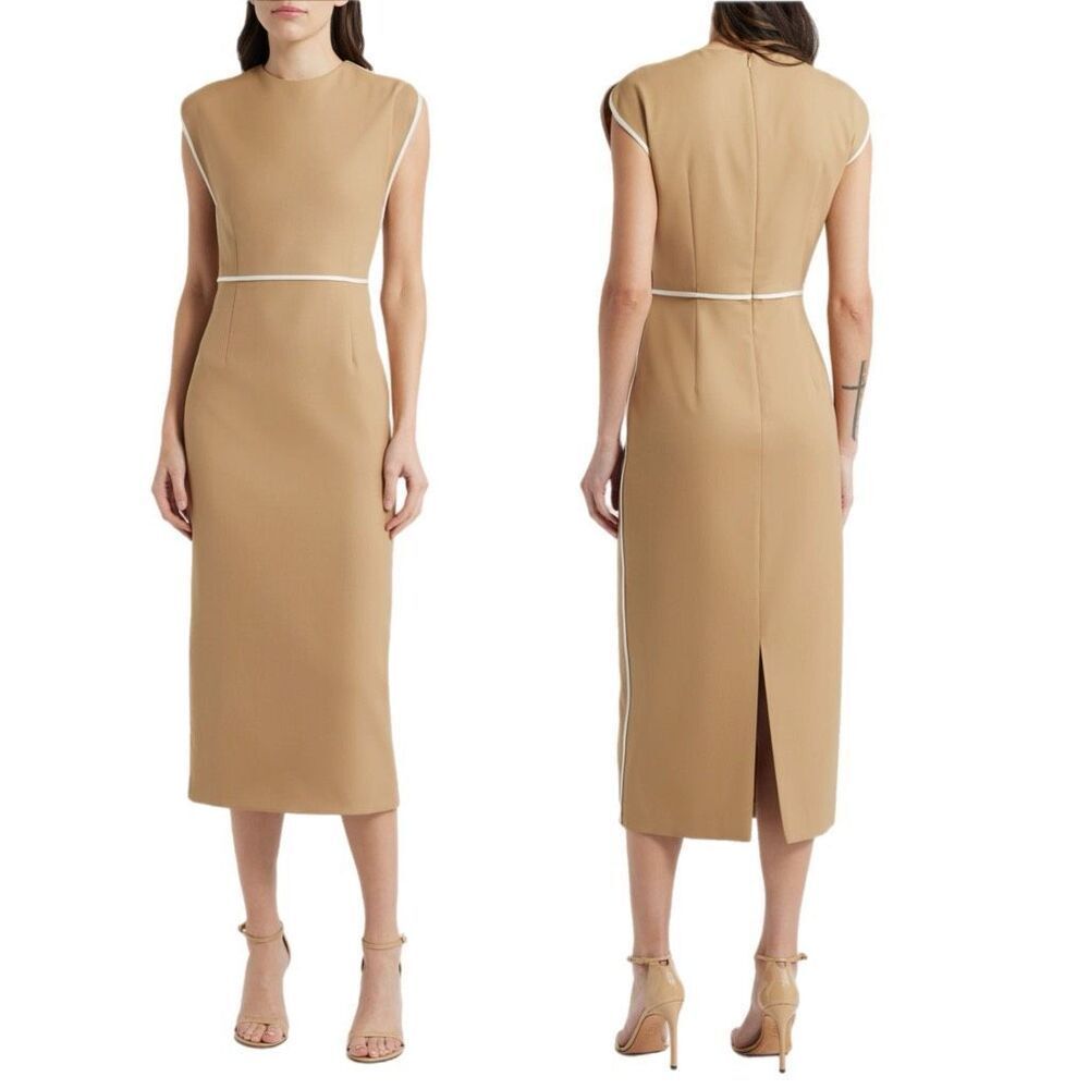 NWT BOSS “Détira” wool blend midi sheath dress in beige and cream Size 10